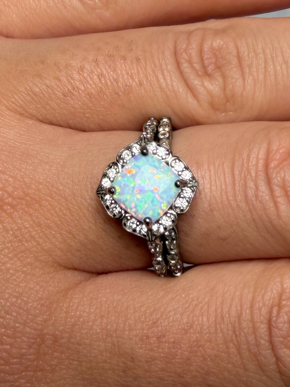 Sterling Silver Lab Opal CZ Halo Engagement Wedding Ring Set 2 Piece Sz 8 White
